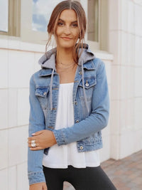 Women’s Oversized Hooded Denim Jacket – Button-Up Drawstring Waist – Plus Size Fashion