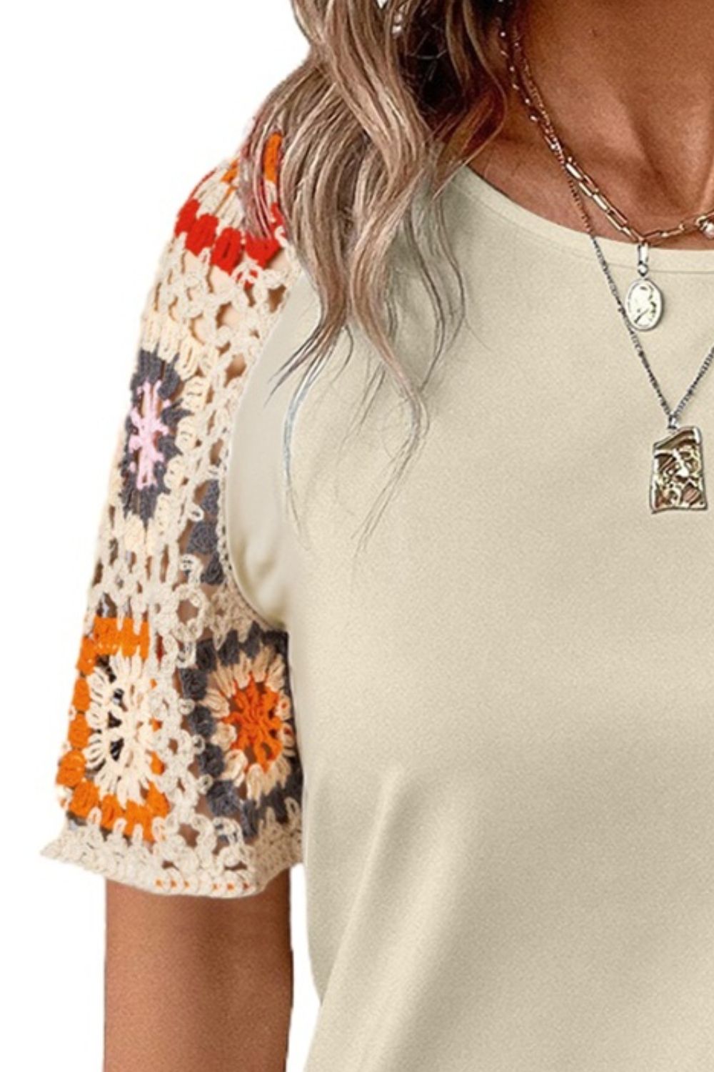Geometric Round Neck Short Sleeve Blouse - Trandify Deal