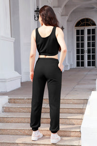Waffle-Knit Cropped Tank and Drawstring Pants Set Trandify deal
