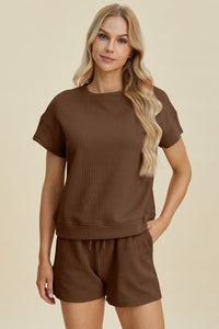 Double Take Full Size Texture Short Sleeve Top and Shorts Set Trandify deal