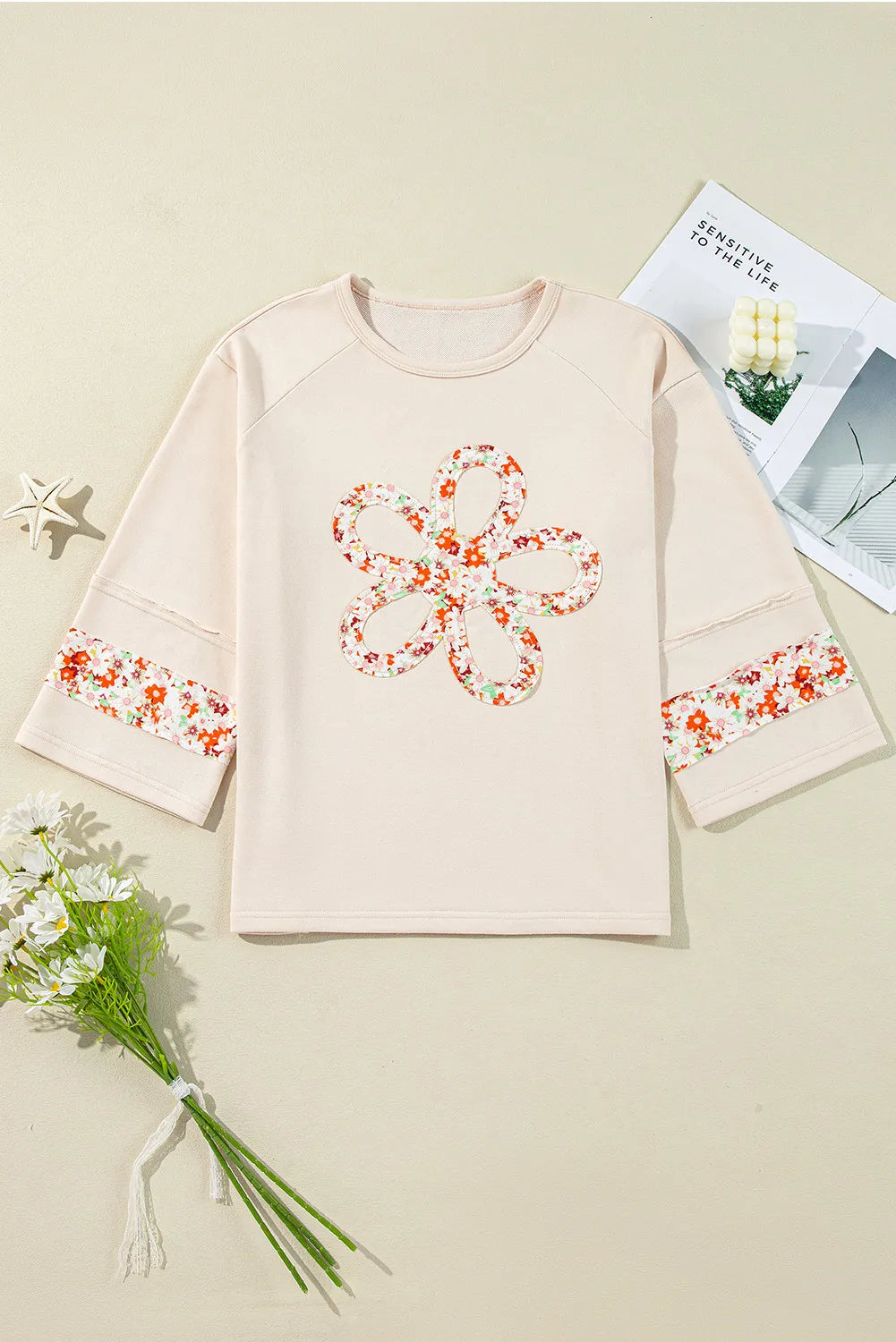 Exposed Seam Slit Floral Round Neck Blouse Trandify Deal