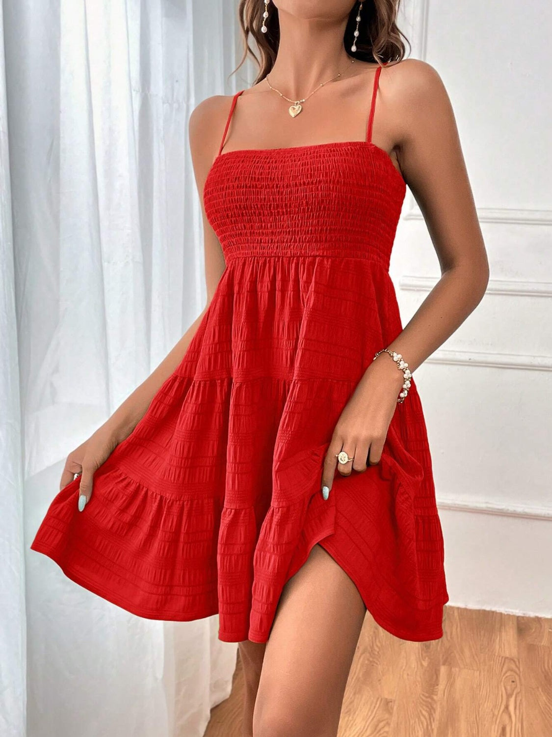 Smocked Tiered Sleeveless Mini Dress Trandify deal