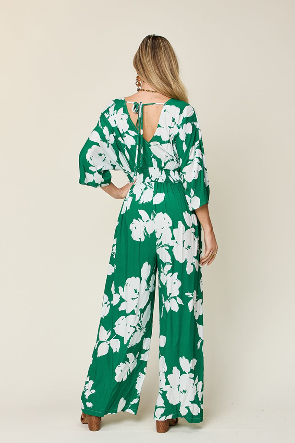 Double Take Full Size Printed Tie Back Wide Leg Jumpsuit Trandify deal