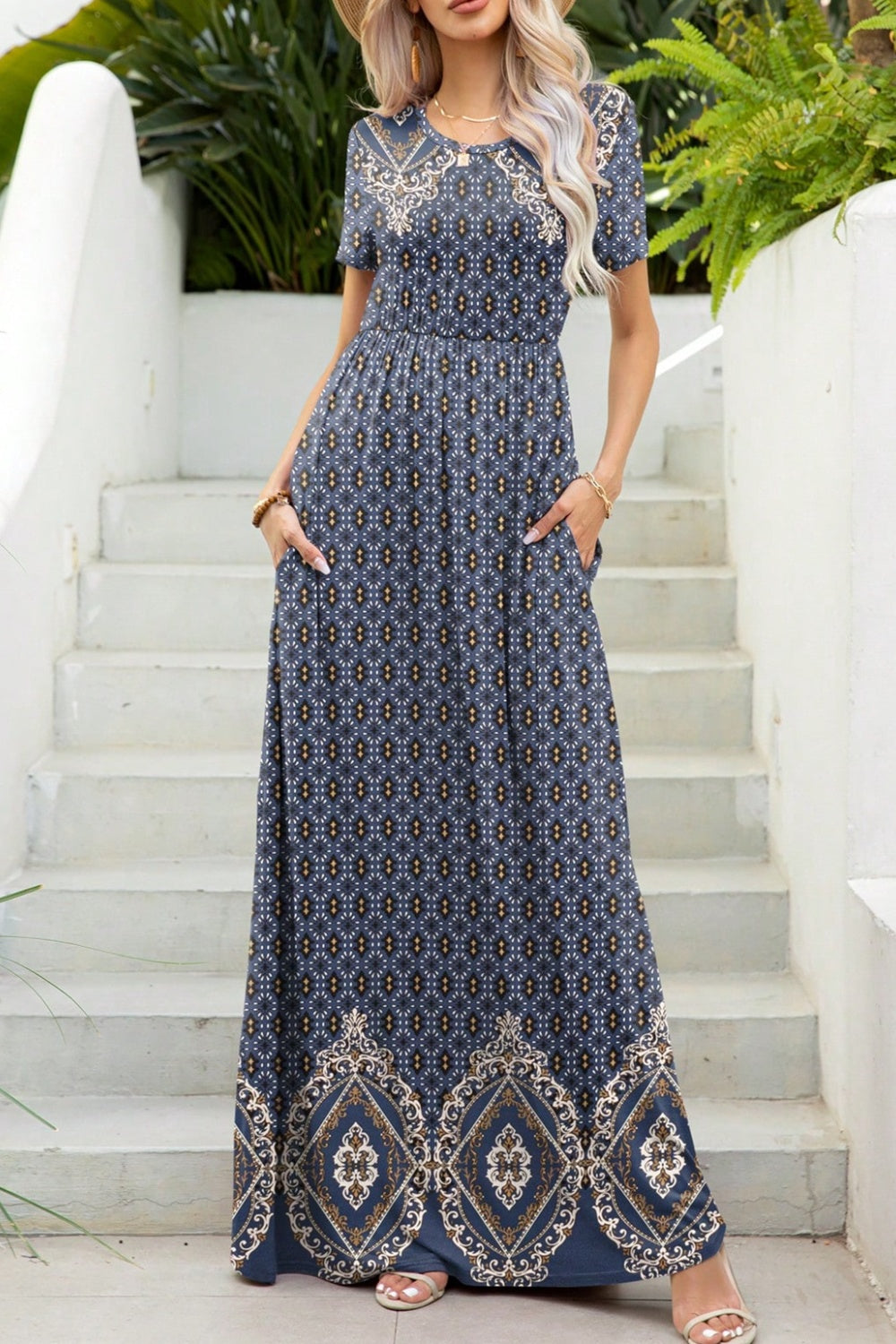 Printed Round Neck Short Sleeve Maxi Dress Trandify deal