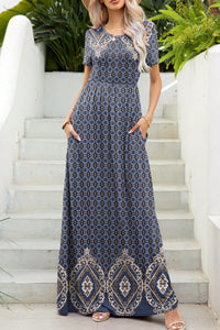 Printed Round Neck Short Sleeve Maxi Dress Trandify deal