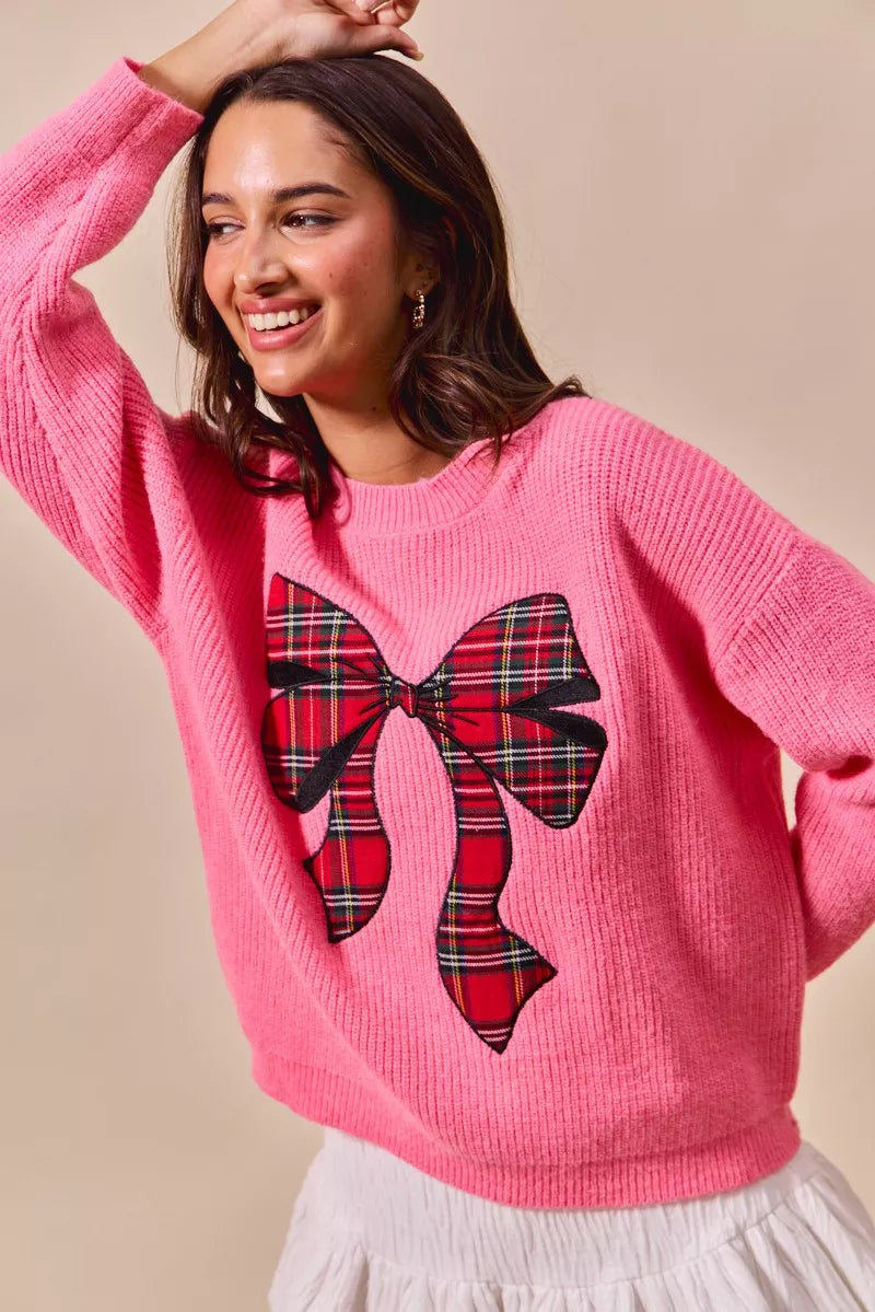 Women's Plaid Ribbon Christmas Sweater - Ugly Holiday
