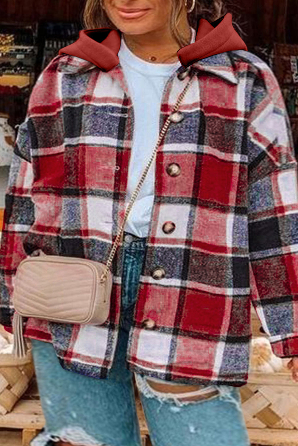 Plus Size Plaid Button Up Hooded Jacket Trandify deal