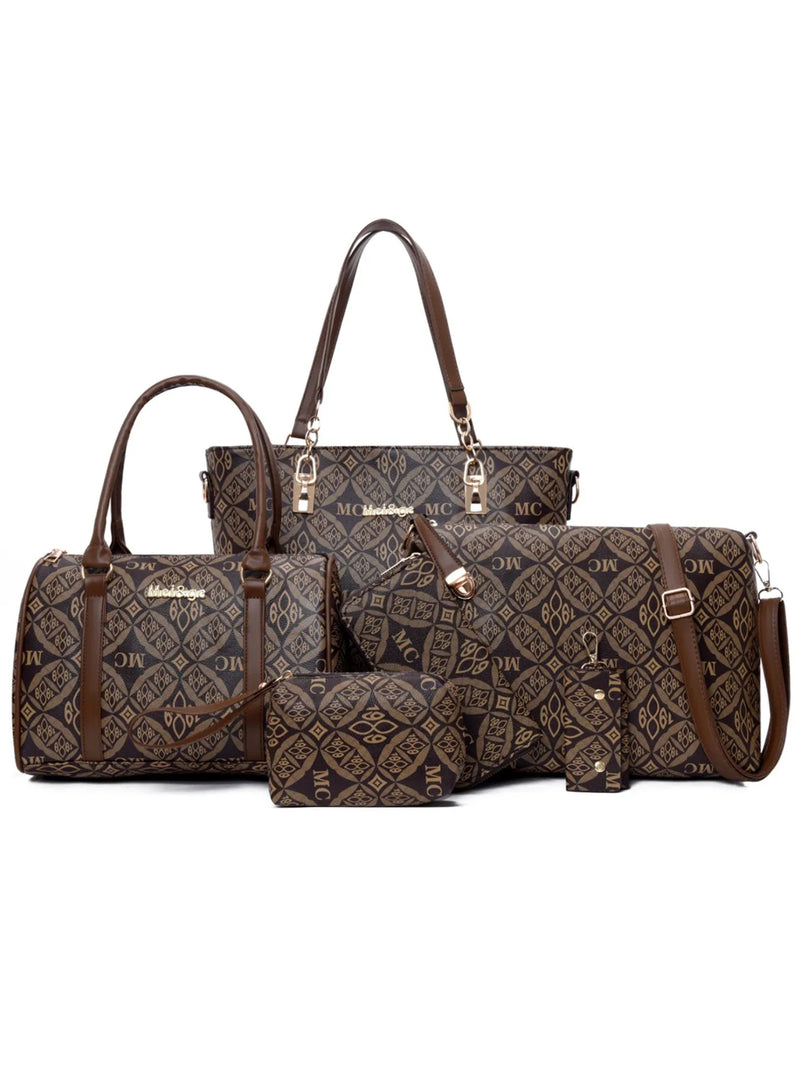 Women’s 6-Piece Geometric Pattern Bag Set – Crossbody, Tote & Clutch Combo
