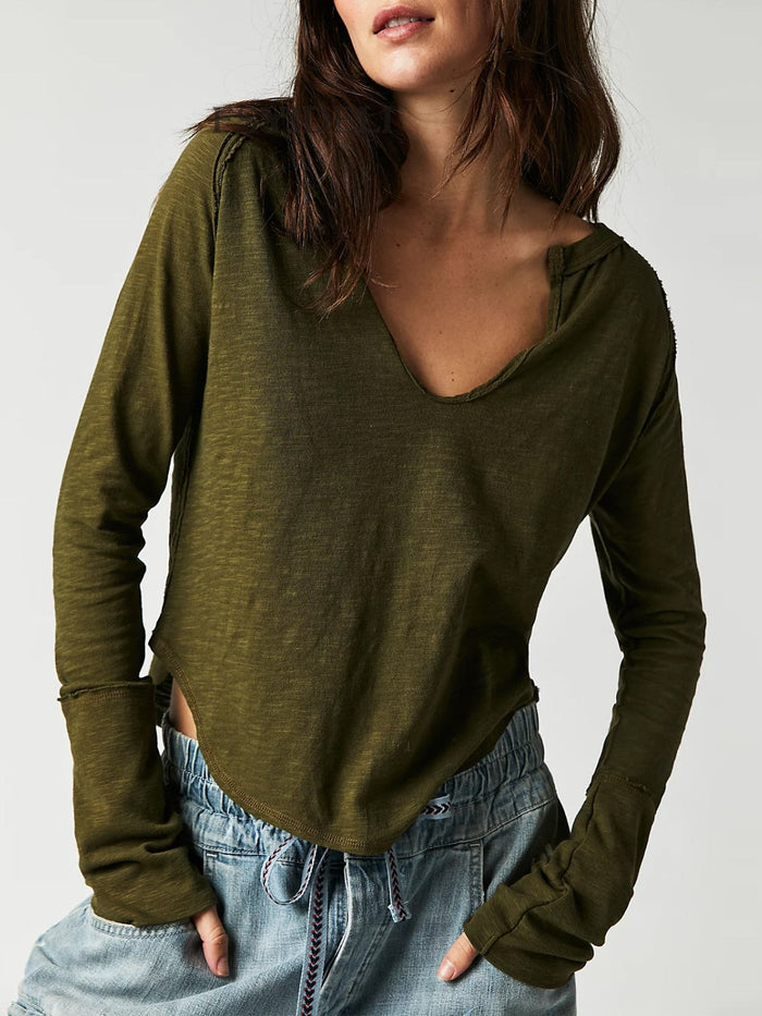 Exposed Seam Notched Long Sleeve T-Shirt Trandify Deal