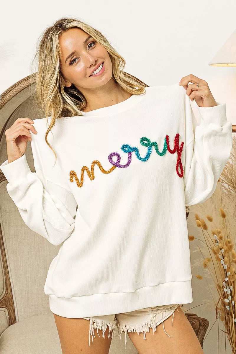 Tinsel Lettering Sweatshirt - Festive Drop Shoulder Top