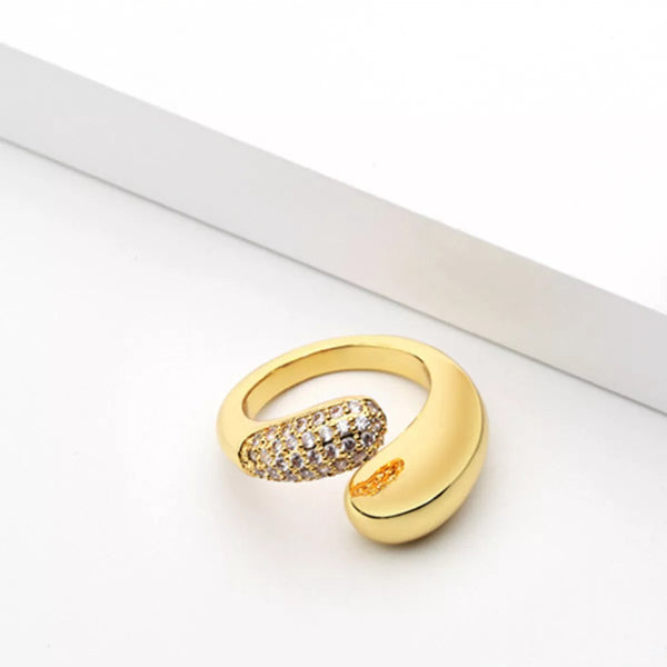 18K Gold Plated Open Ring with Crystal on a model's hand, showcasing its stackable design