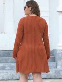 Plus Size Ribbed Buttoned V-Neck Long Sleeve Dress Trandify deal