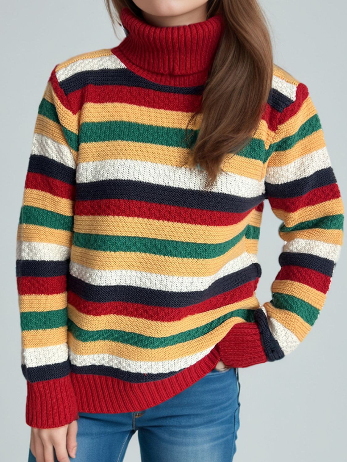 Contrast Stripes Turtleneck Long Sleeve Sweater Trandify Deal