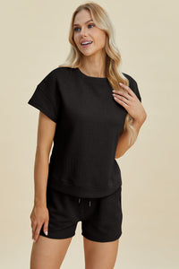 Double Take Full Size Texture Short Sleeve Top and Shorts Set Trandify deal