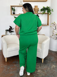 Double Take Full Size Texture Half Zip Short Sleeve Top and Pants Set Trandify Deal
