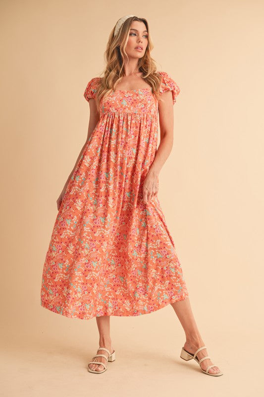 Floral Square Neck Puff Sleeve Midi Dress for Women – USA Summer Fashion