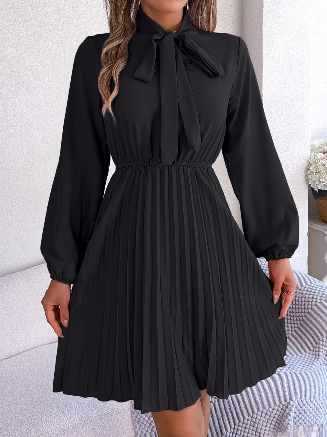 Tie Neck Balloon Sleeve Pleated Dress Trandify deal
