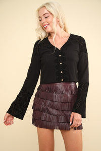 VERY J V-Neck Lace Detail Button Down Crop Ribbed Knit Top Trandify Deal