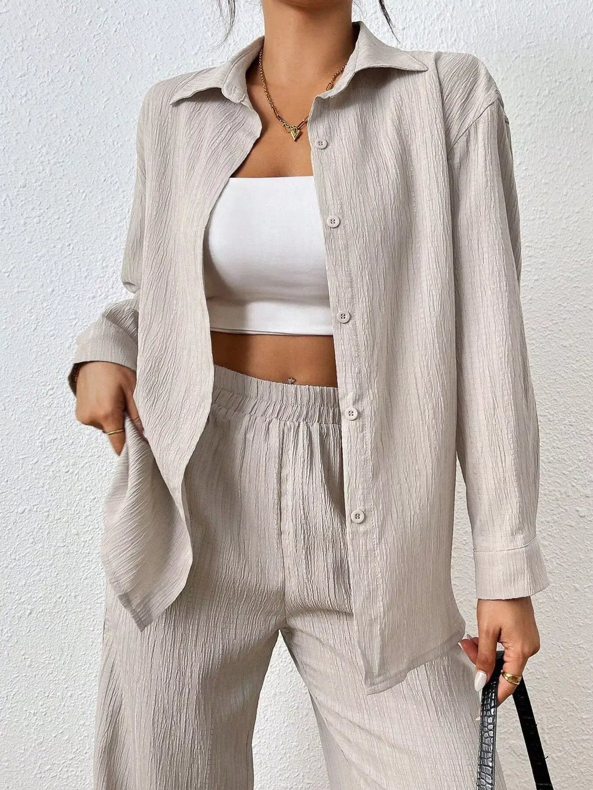 Women's Button Up Shirt and Pants Set in Off-white, casual office wear