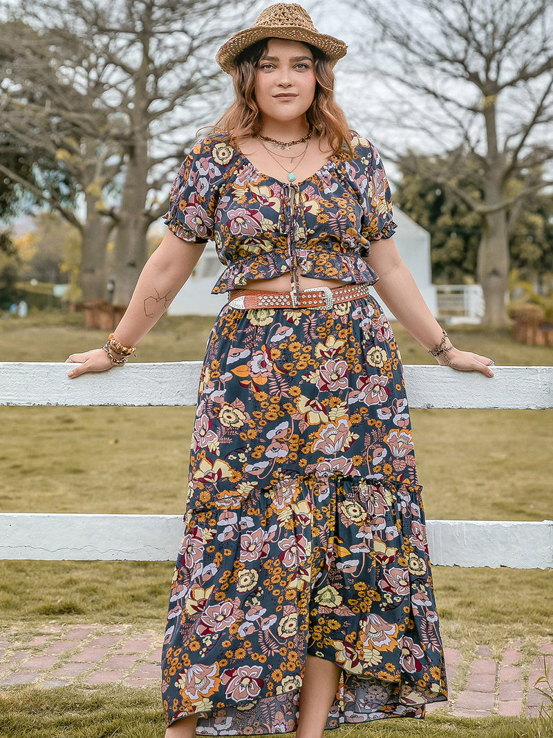 Plus Size Tie Neck Short Sleeve Top and Skirt Set Trandify deal