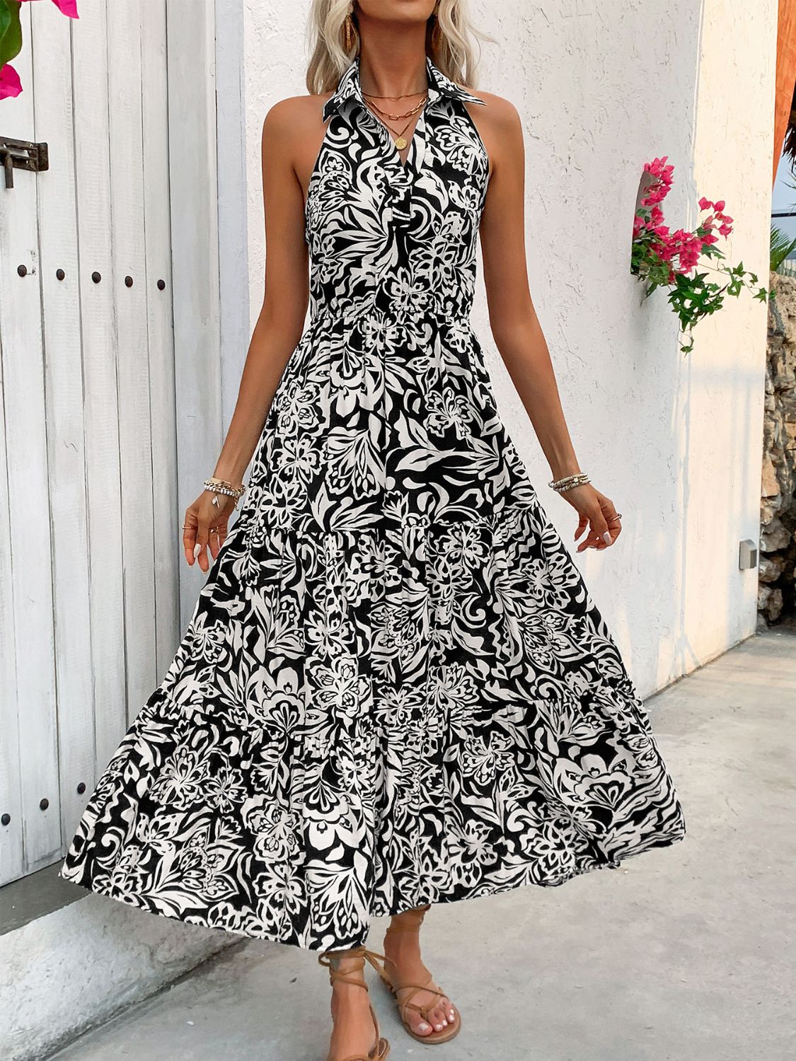Perfee Backless Smocked Printed Sleeveless Midi Dress Trandify deal