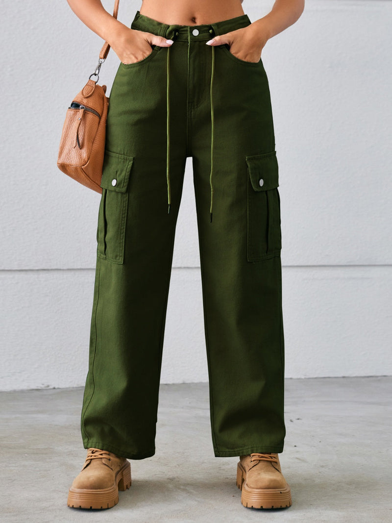 Drawstring Mid-Rise Waist Straight Cargo Jeans Trandify deal
