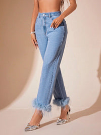 Plush Hem High Rise Straight Jeans - Trandify Deal