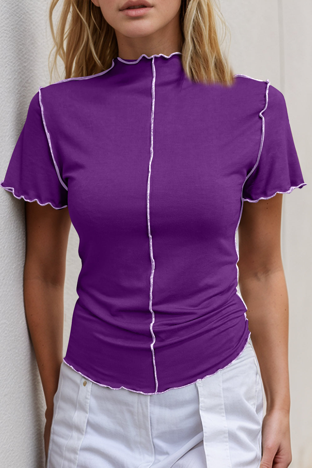 Basic Bae Contrast Trim Mock Neck Short Sleeve T-Shirt - Trandify Deal