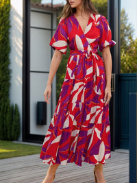 Tied Slit Printed Half Sleeve Midi Dress Trandify Deal
