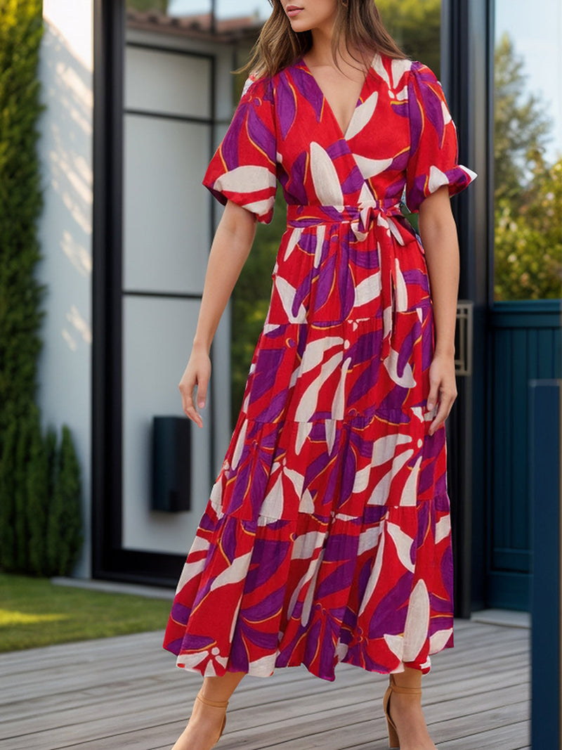 Tied Slit Printed Half Sleeve Midi Dress Trandify Deal