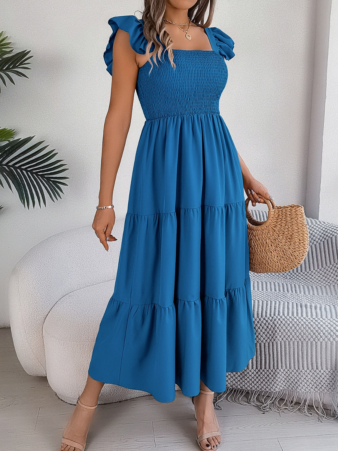 Smocked Square Neck Cap Sleeve Midi Dress Trandify deal