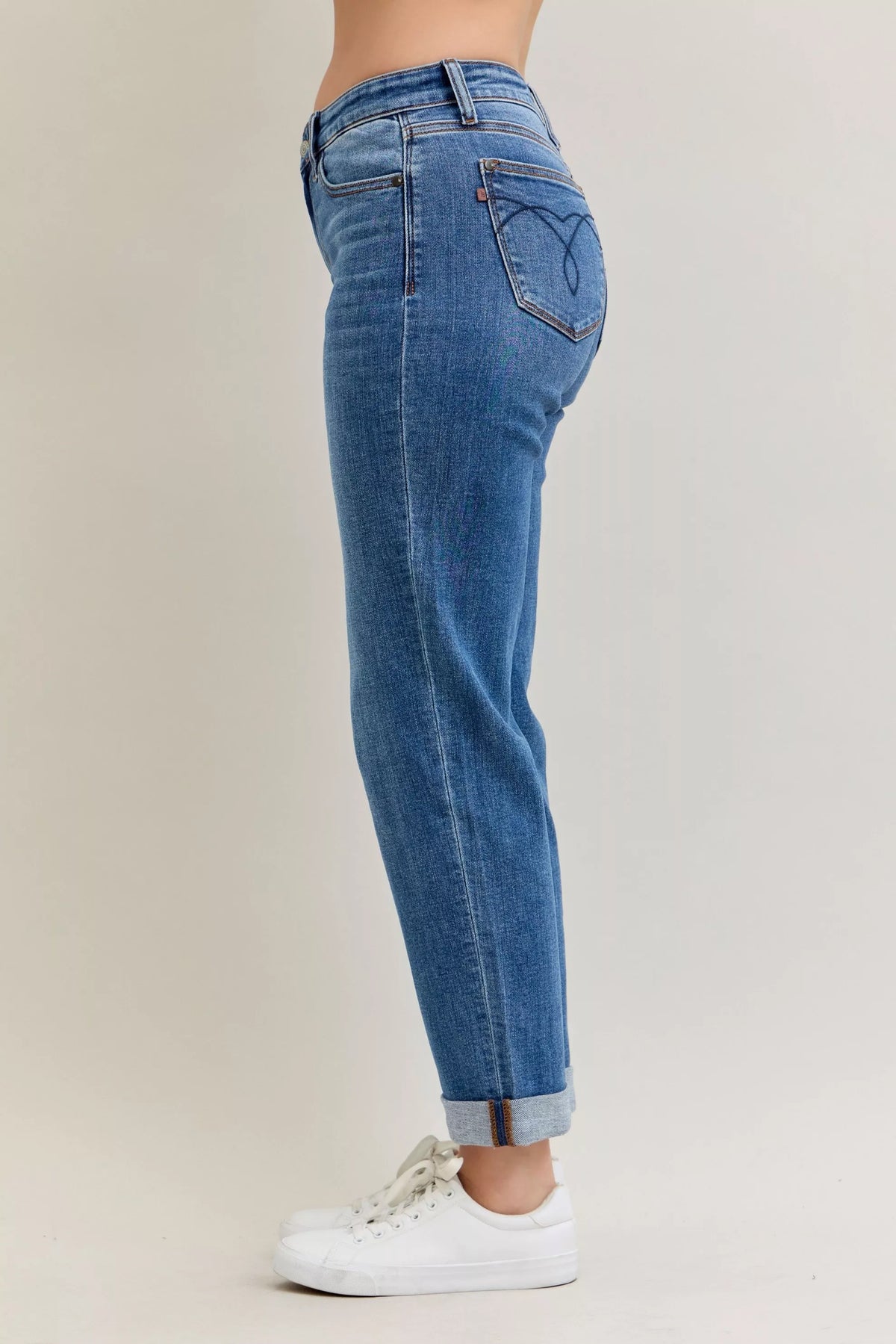 Plus Size Judy Blue Cuffed Jeans in a mid-rise, classic fit shown on a model.