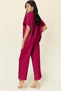 Double Take Full Size Texture Half Zip Short Sleeve Top and Pants Set Trandify Deal