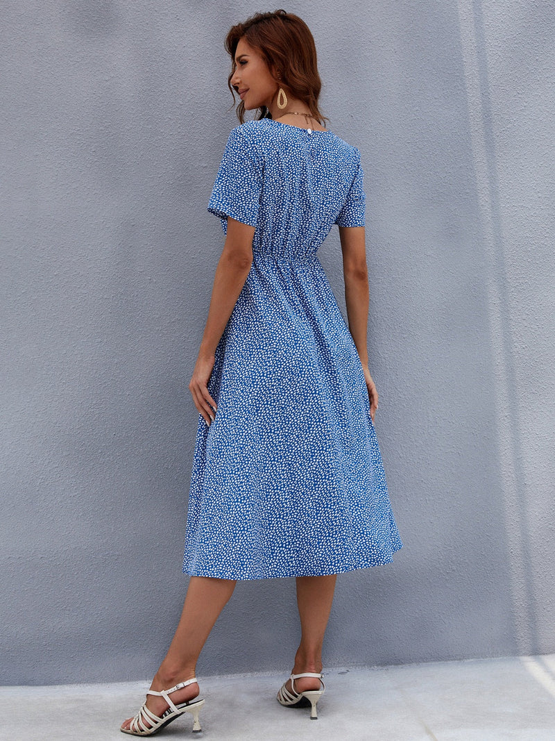 Printed Round Neck Short Sleeve Midi Dress Trandify Deal