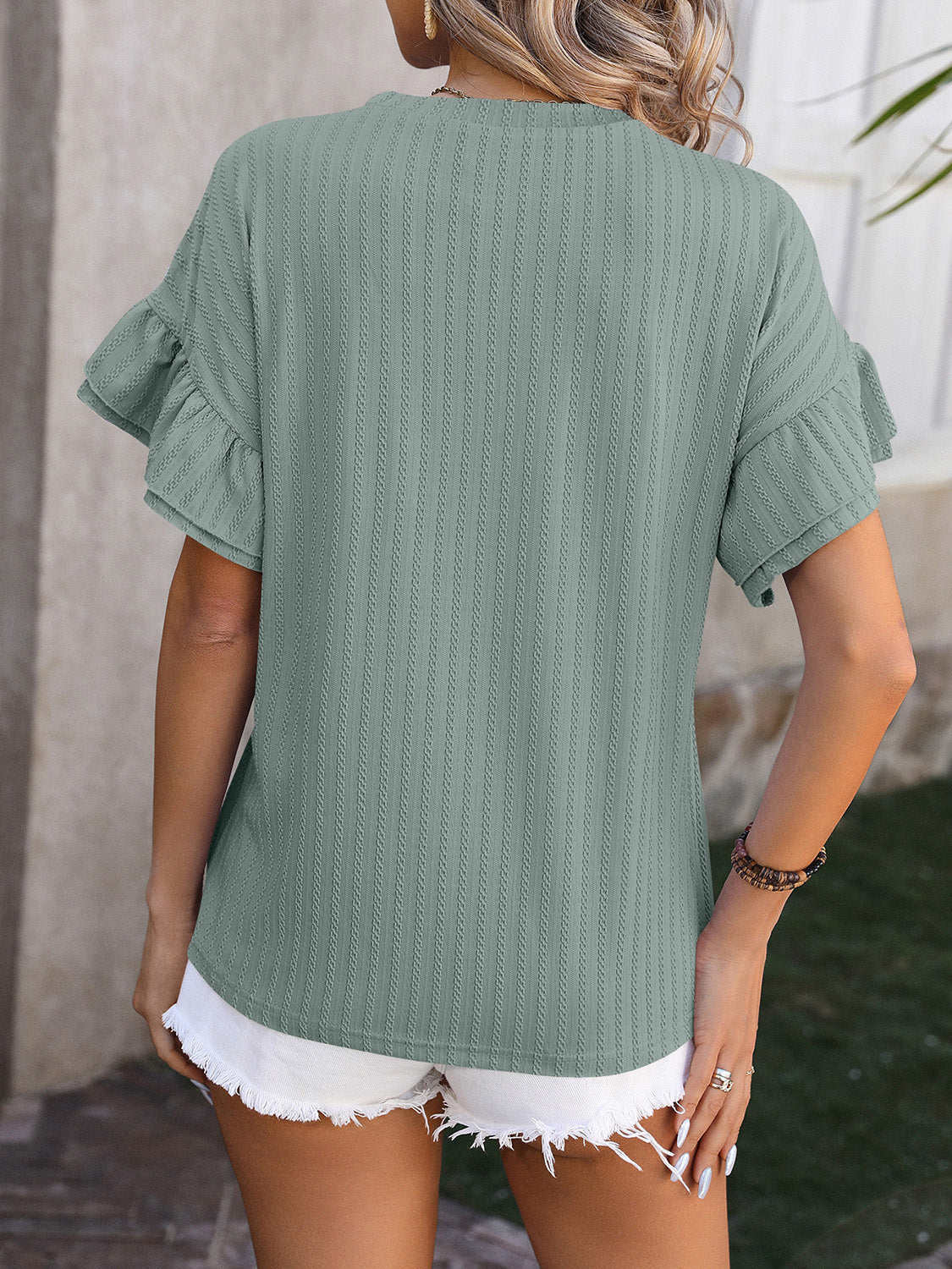 Ruffled Round Neck Short Sleeve Top Trandify deal