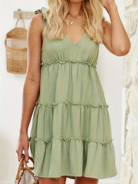 Full Size Frill V-Neck Tie Shoulder Mini Dress Trandify deal