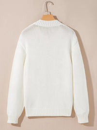 Women's Embroidered Bow Boots Drop Shoulder Sweater in cream, laid flat showing the detailed boot and bow design on the front.