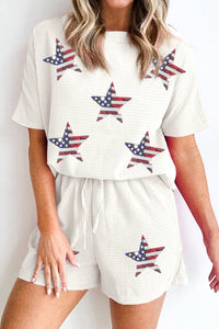 Waffle-Knit Sequin Round Neck Top and Shorts Set Trandify deal