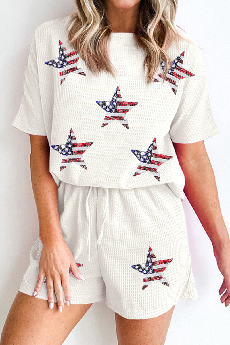 Waffle-Knit Sequin Round Neck Top and Shorts Set Trandify deal