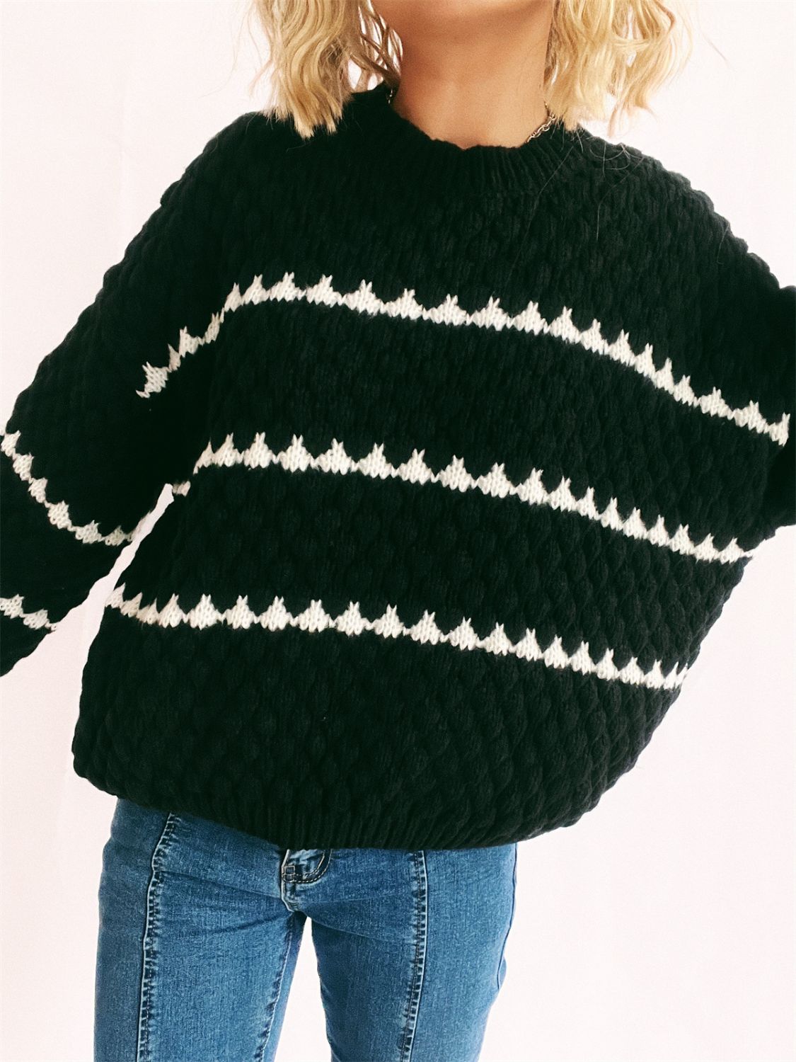 Contrast Stripes Round Neck Long Sleeve Sweater Trandify Deal