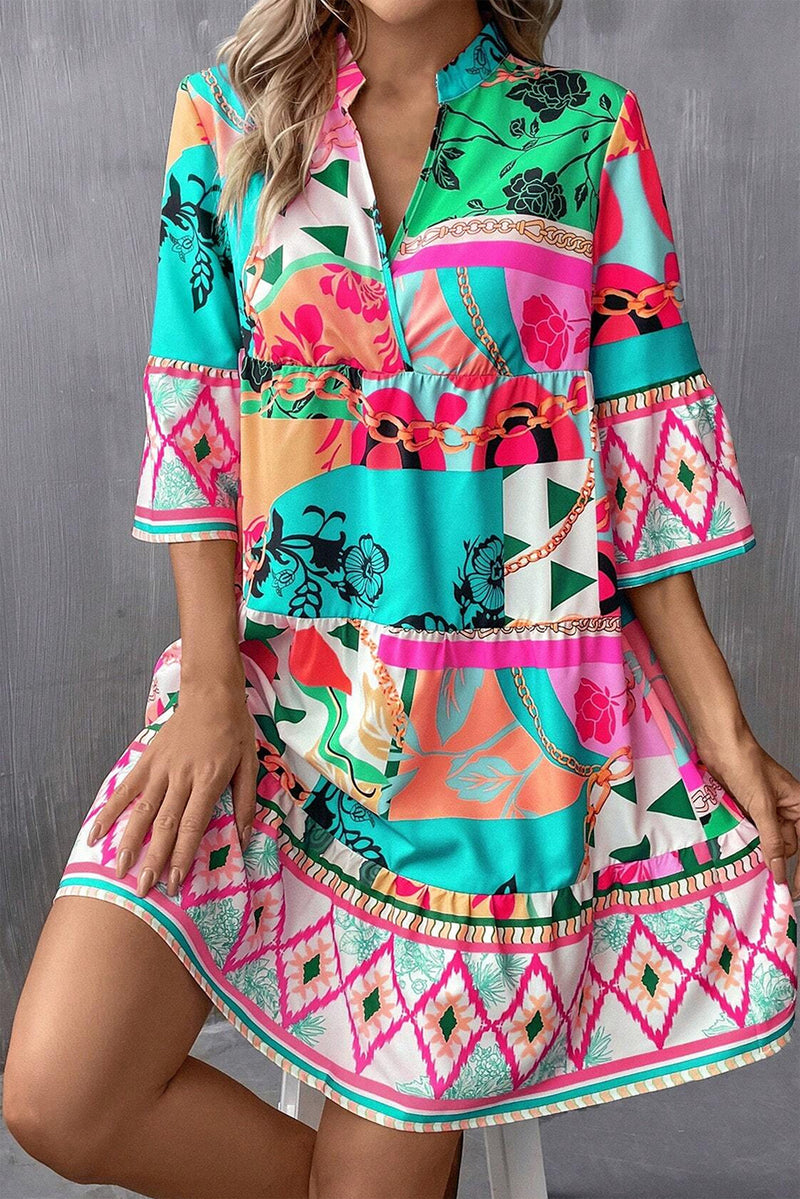 Printed Surplice Half Sleeve Mini Dress - Trandify Deal