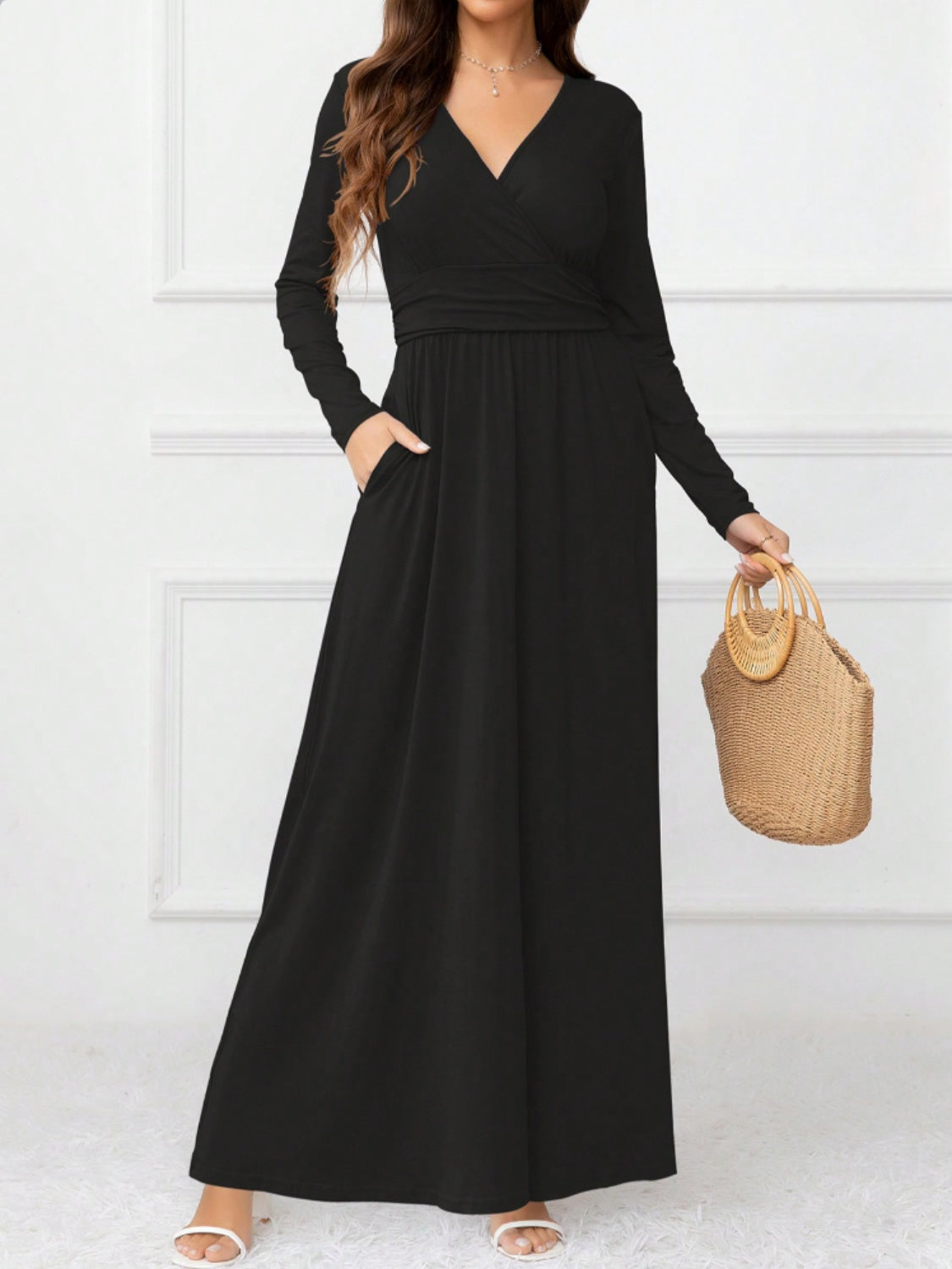 Pocketed Surplice Long Sleeve Maxi Dress Trandify Deal
