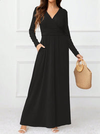 Pocketed Surplice Long Sleeve Maxi Dress Trandify Deal