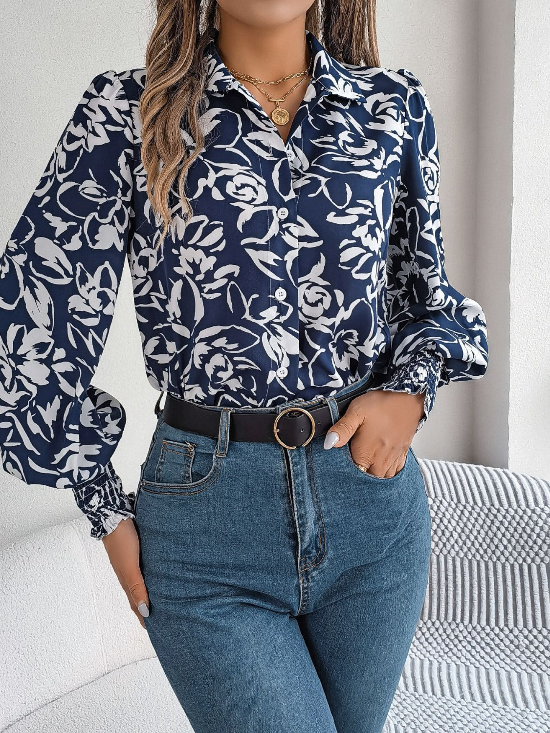 Printed Collared Neck Lantern Sleeve Shirt Trandify deal