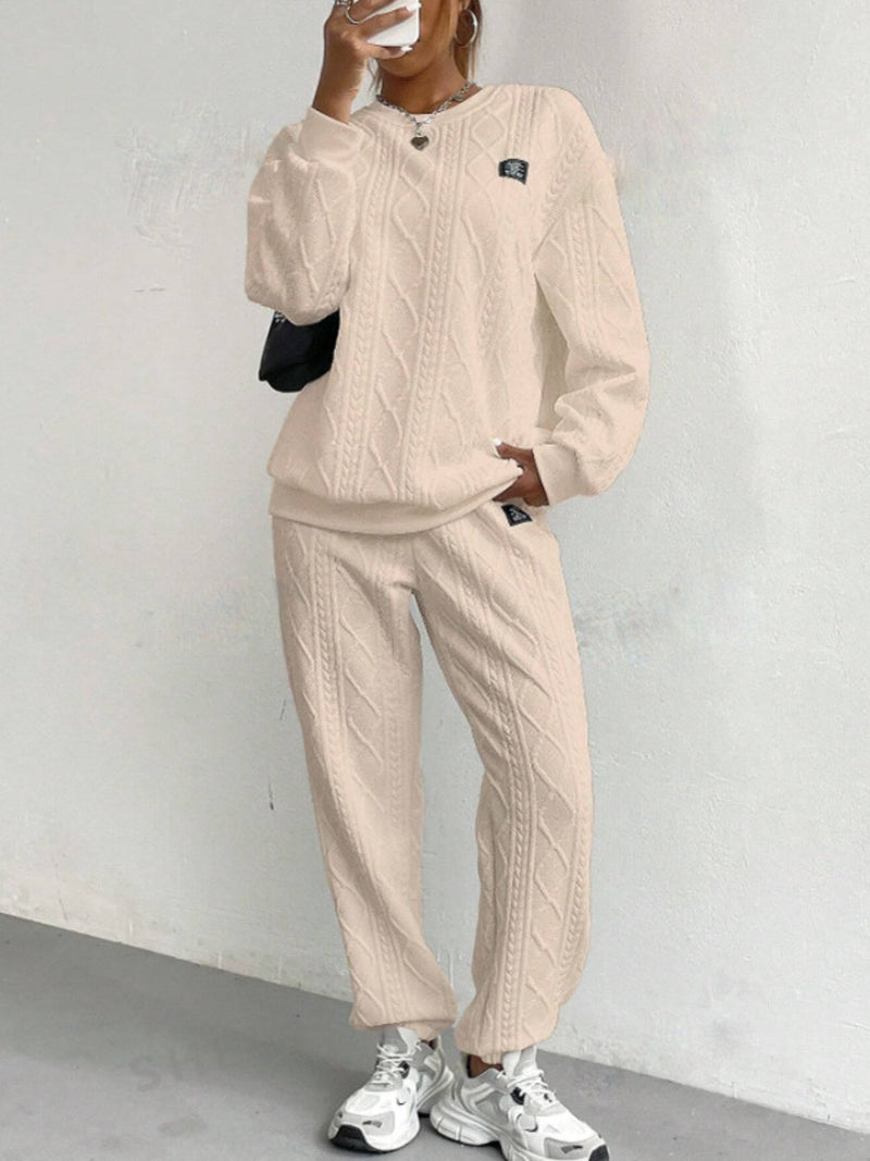 Texture Round Neck Long Sleeve Top and Pants Set Trandify Deal