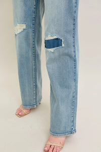 Judy Blue Destroyed Knee Patch Jeans women's straight leg destroyed detail denim