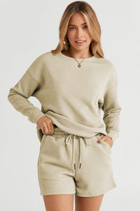 Double Take Full Size Texture Long Sleeve Top and Drawstring Shorts Set Trandify Deal