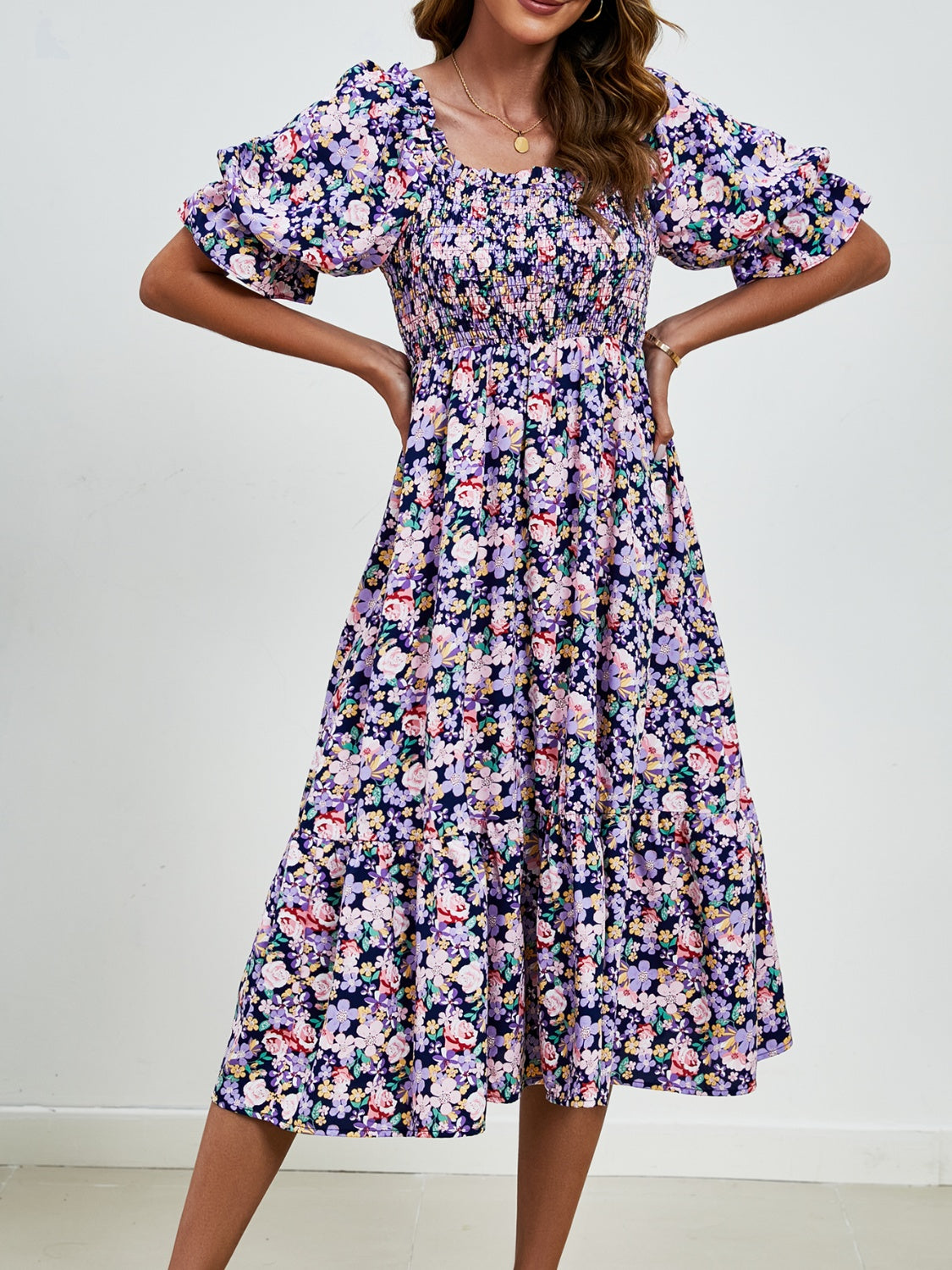 Smocked Floral Square Neck Short Sleeve Dress Trandify deal