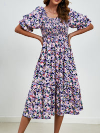 Smocked Floral Square Neck Short Sleeve Dress Trandify deal