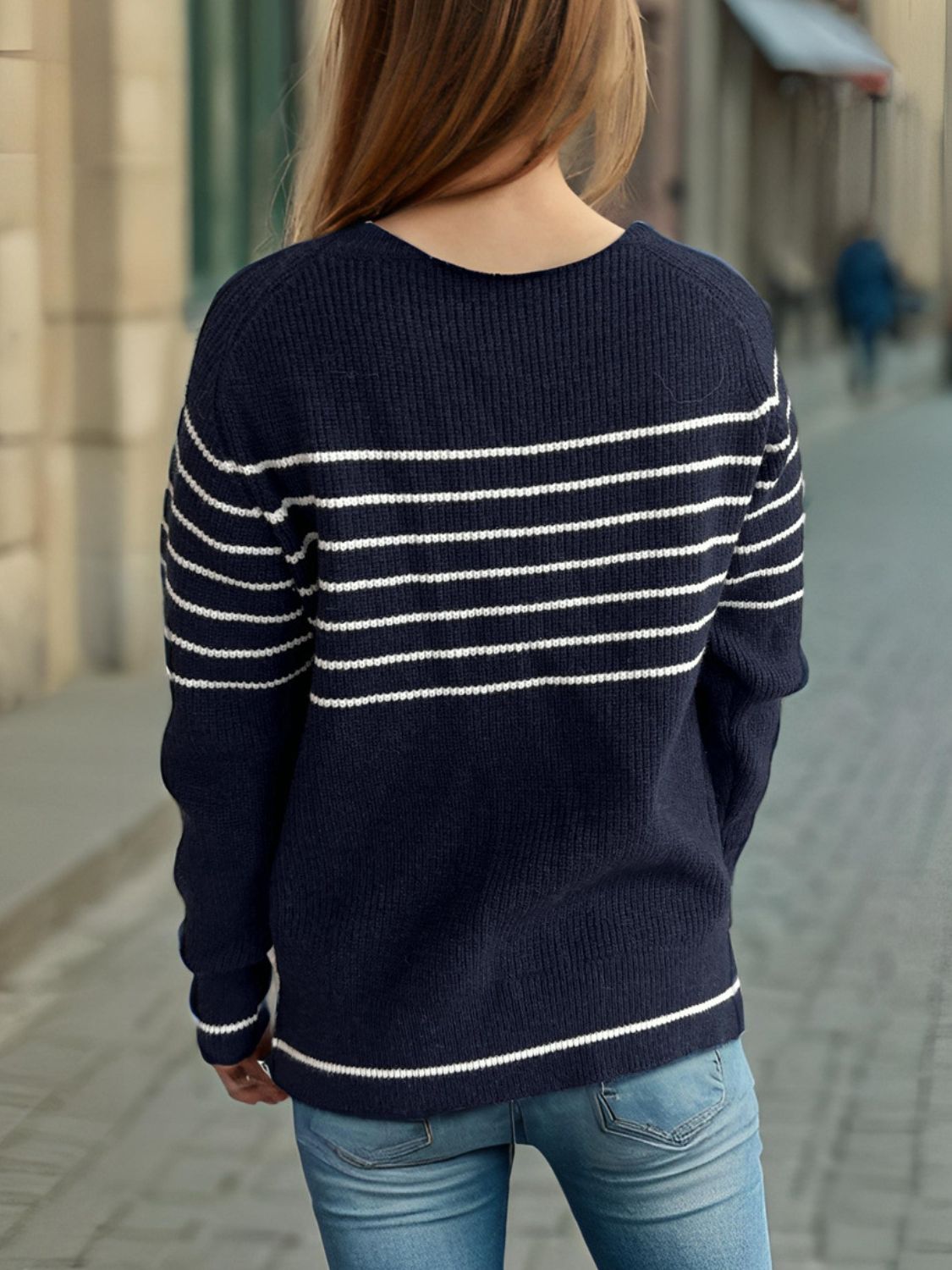 Striped Round Neck Long Sleeve Sweater Trandify Deal